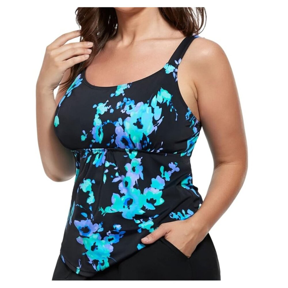 FULLFITALL Nwt Flared Tankini 16 Blue Poppies / Black Flattering Relaxed Fit